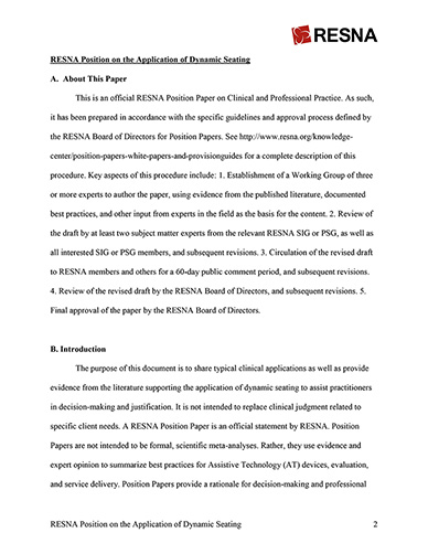 RESNA Position on the Application of Dynamic Seating